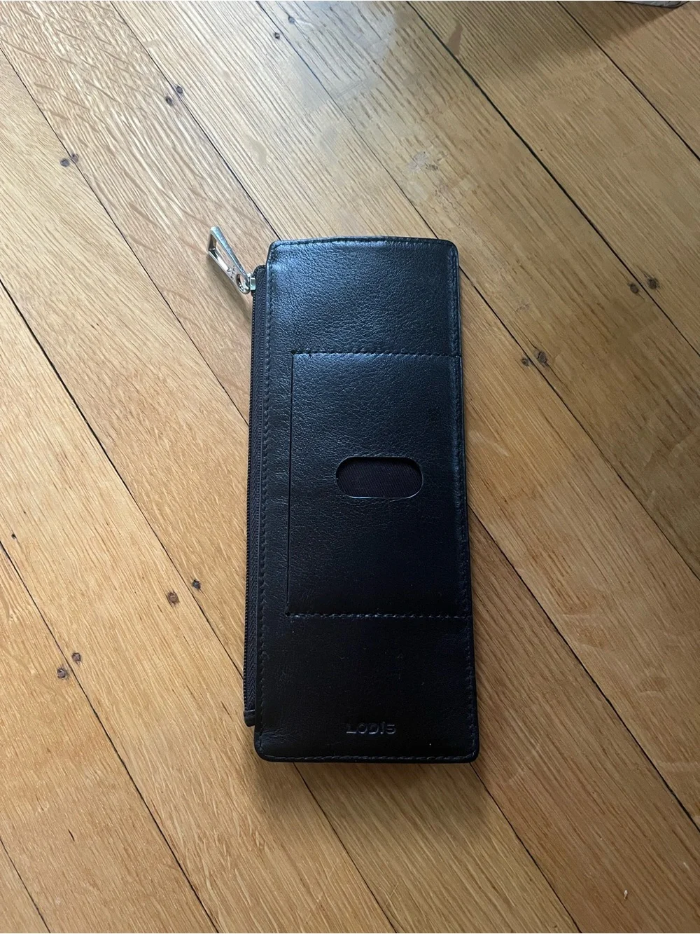 Lodis Black Leather Zip Wallet with Card Strap